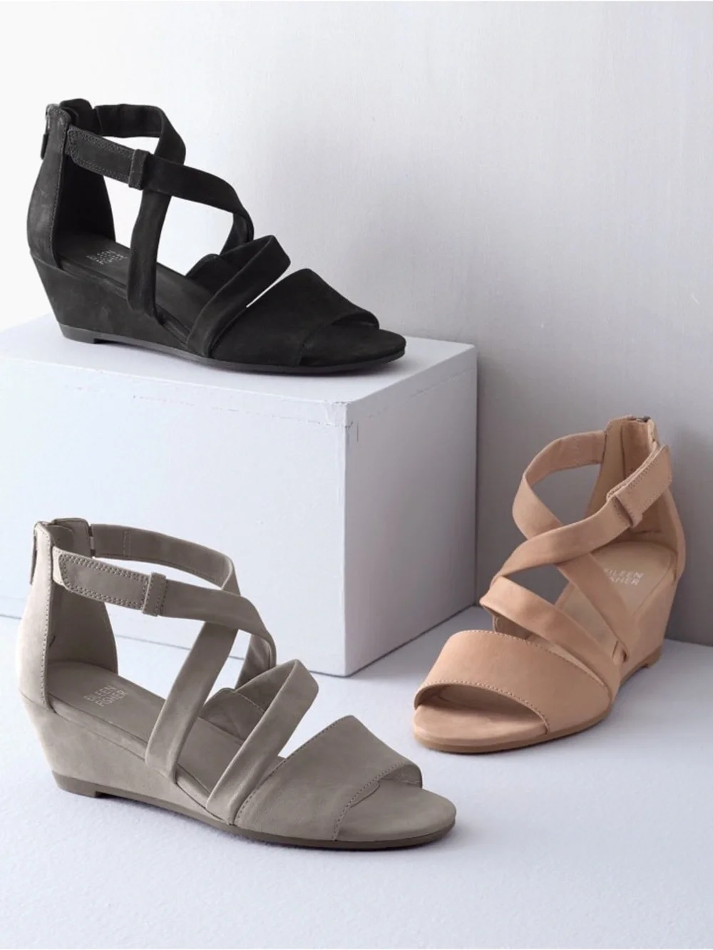 EILEEN FISHER Black Suede Strappy Wedge Sandals Size 7